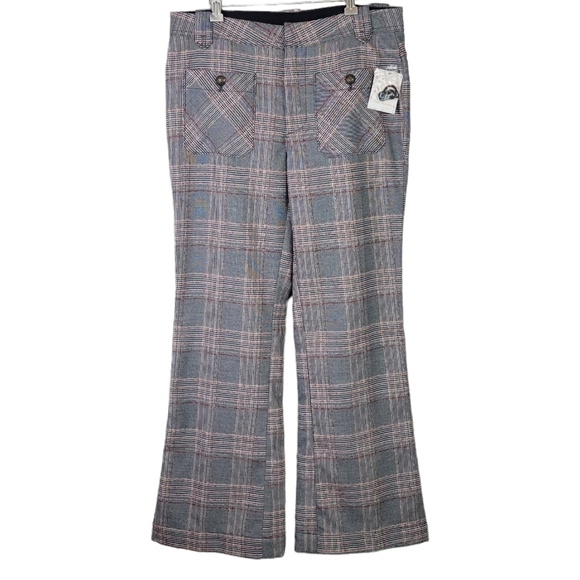 FREE People Plaid Boot Cut Pants Trousers Mid Rise Tartan Gray Red 4 NEW - Picture 2 of 14